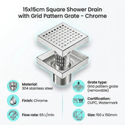 15x15cm Square Shower Drain with Grid Pattern Grate - 304 SS, CUPC Certified with Hair Strainer V63-955591