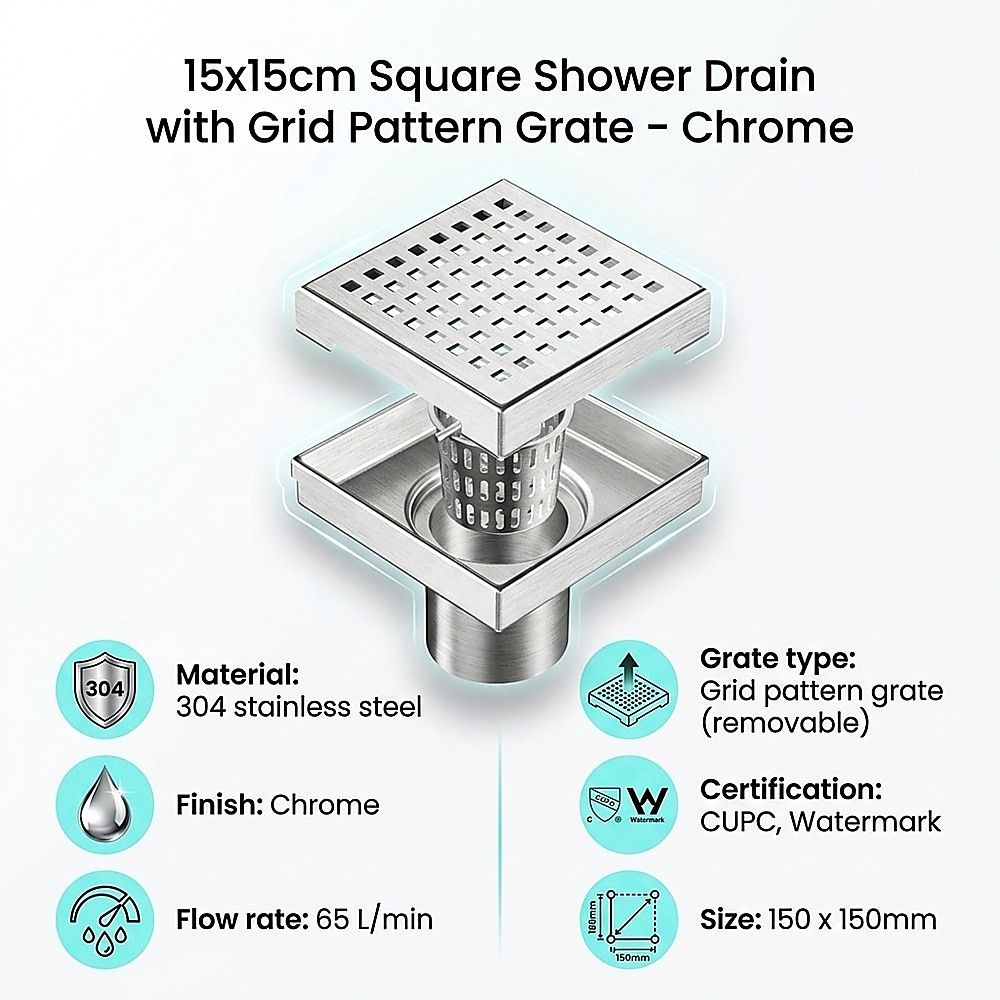 15x15cm Square Shower Drain with Grid Pattern Grate - 304 SS, CUPC Certified with Hair Strainer V63-955591