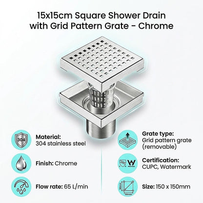 15x15cm Square Shower Drain with Grid Pattern Grate - 304 SS, CUPC Certified with Hair Strainer V63-955591