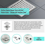 15x15cm Square Shower Drain with Grid Pattern Grate - 304 SS, CUPC Certified with Hair Strainer V63-955591