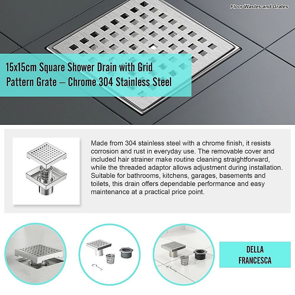 15x15cm Square Shower Drain with Grid Pattern Grate - 304 SS, CUPC Certified with Hair Strainer V63-955591