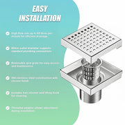 15x15cm Square Shower Drain with Grid Pattern Grate - 304 SS, CUPC Certified with Hair Strainer V63-955591