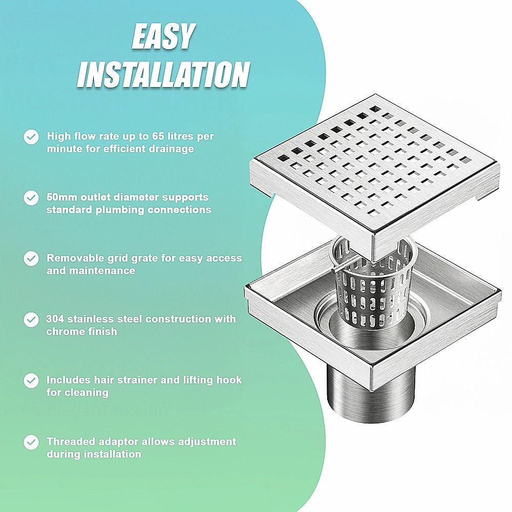 15x15cm Square Shower Drain with Grid Pattern Grate - 304 SS, CUPC Certified with Hair Strainer V63-955591