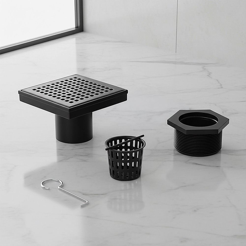 15x15cm Square Shower Drain with Grid Pattern Grate - Matte Black 304SS, CUPC Certified with Hair Strainer V63-955601