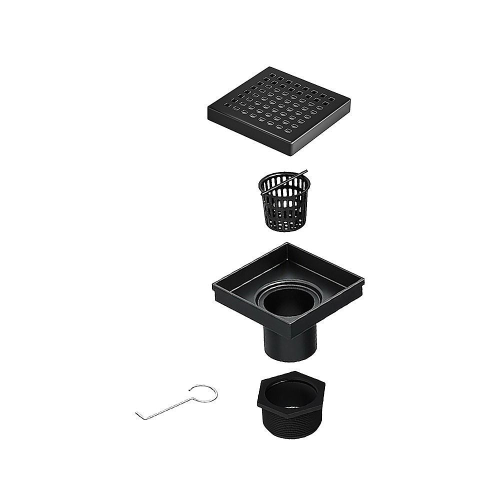 15x15cm Square Shower Drain with Grid Pattern Grate - Matte Black 304SS, CUPC Certified with Hair Strainer V63-955601