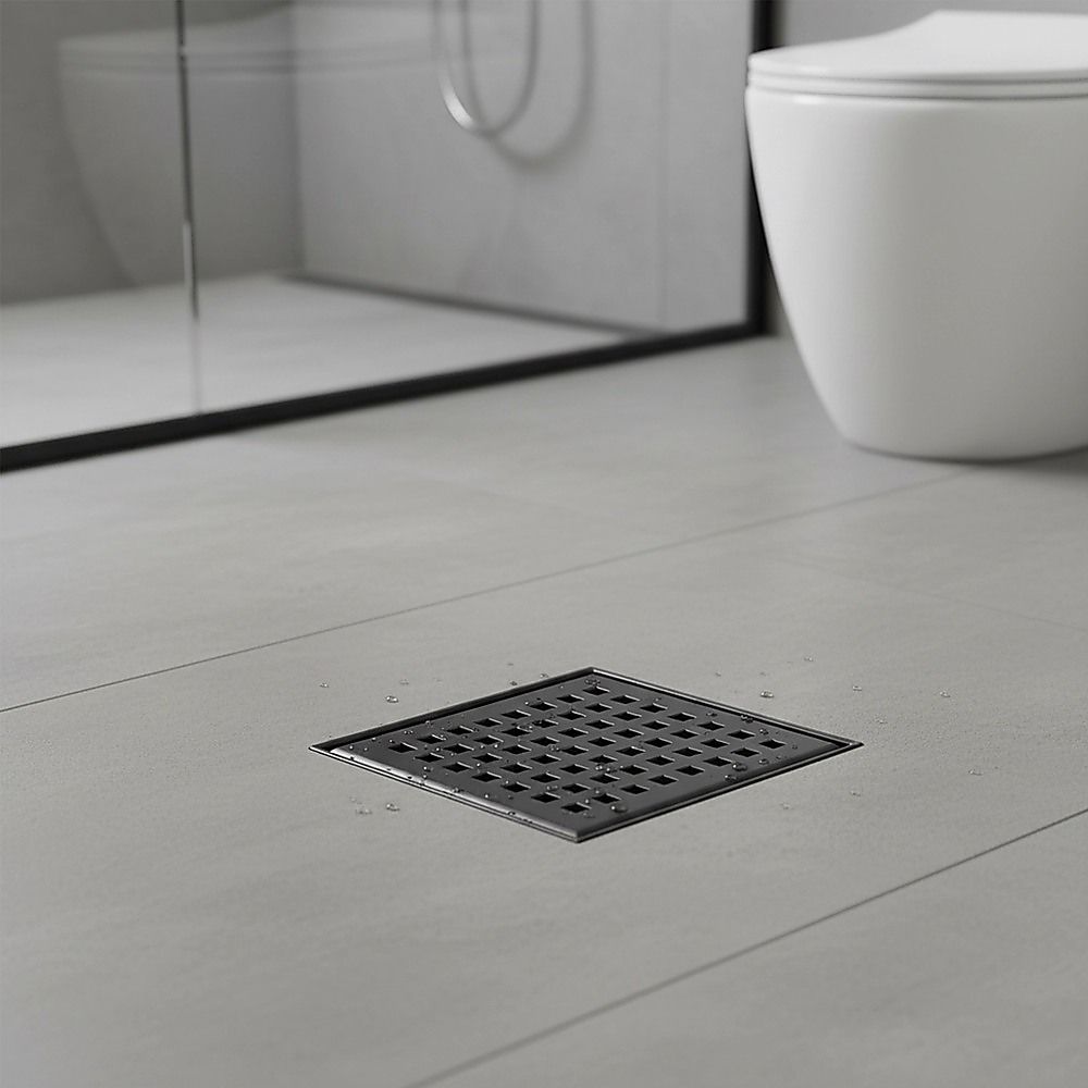 15x15cm Square Shower Drain with Grid Pattern Grate - Matte Black 304SS, CUPC Certified with Hair Strainer V63-955601