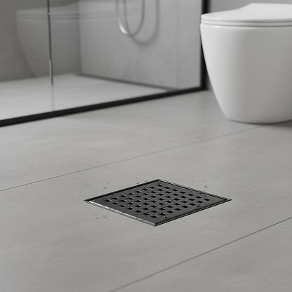 15x15cm Square Shower Drain with Grid Pattern Grate - Matte Black 304SS, CUPC Certified with Hair Strainer V63-955601