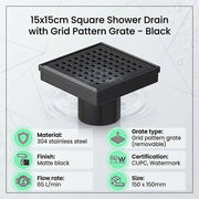 15x15cm Square Shower Drain with Grid Pattern Grate - Matte Black 304SS, CUPC Certified with Hair Strainer V63-955601