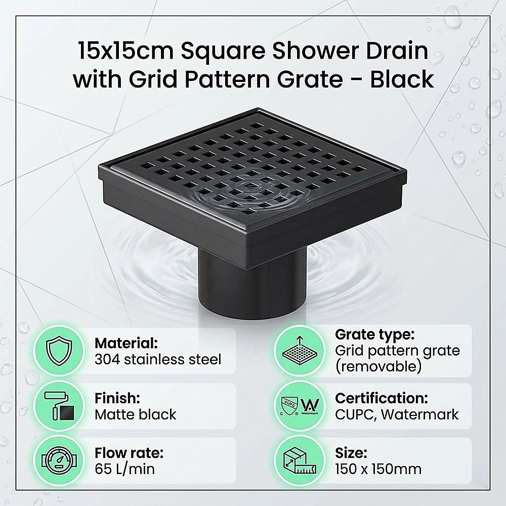 15x15cm Square Shower Drain with Grid Pattern Grate - Matte Black 304SS, CUPC Certified with Hair Strainer V63-955601