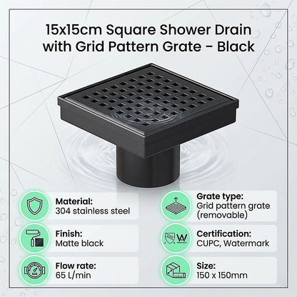15x15cm Square Shower Drain with Grid Pattern Grate - Matte Black 304SS, CUPC Certified with Hair Strainer V63-955601