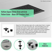 15x15cm Square Shower Drain with Grid Pattern Grate - Matte Black 304SS, CUPC Certified with Hair Strainer V63-955601