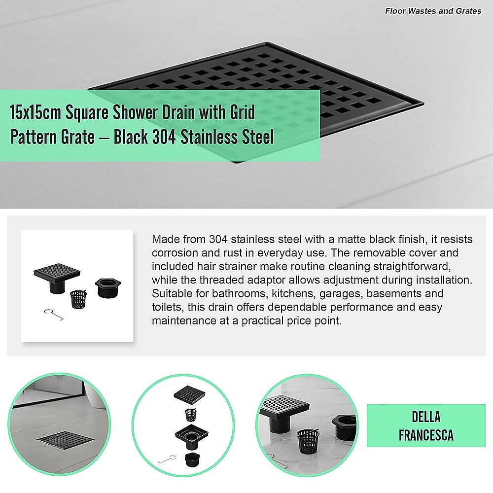 15x15cm Square Shower Drain with Grid Pattern Grate - Matte Black 304SS, CUPC Certified with Hair Strainer V63-955601