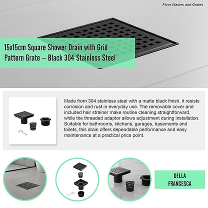 15x15cm Square Shower Drain with Grid Pattern Grate - Matte Black 304SS, CUPC Certified with Hair Strainer V63-955601