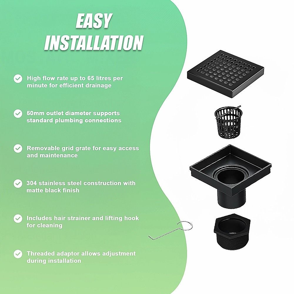 15x15cm Square Shower Drain with Grid Pattern Grate - Matte Black 304SS, CUPC Certified with Hair Strainer V63-955601