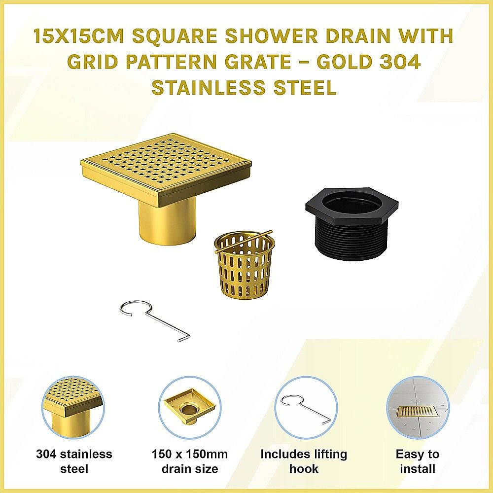 15x15cm Square Shower Drain with Grid Pattern Grate - Brushed Gold 304SS, CUPC Certified with Hair Strainer V63-955611