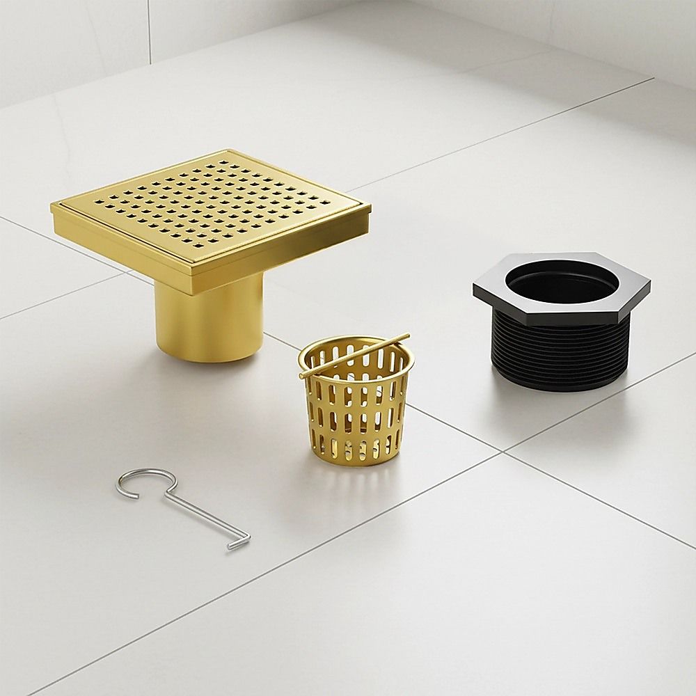 15x15cm Square Shower Drain with Grid Pattern Grate - Brushed Gold 304SS, CUPC Certified with Hair Strainer V63-955611