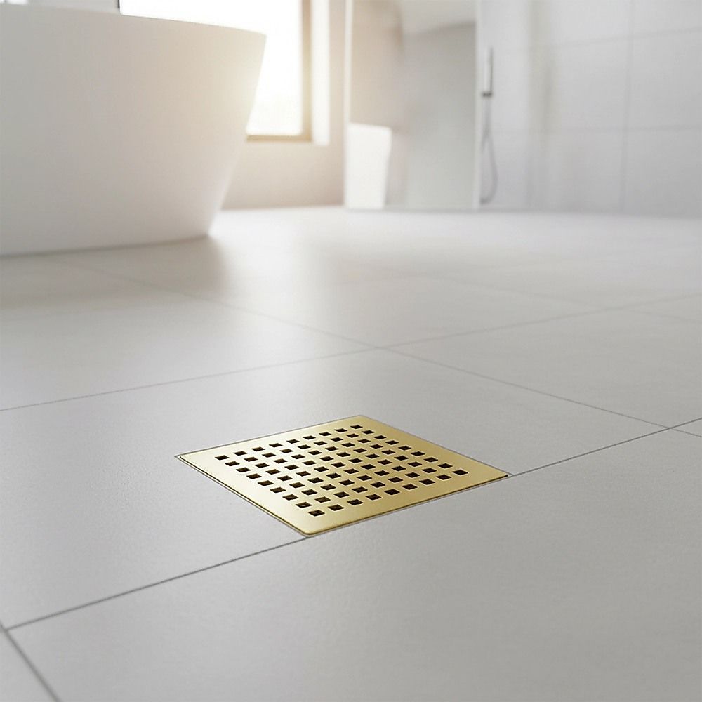 15x15cm Square Shower Drain with Grid Pattern Grate - Brushed Gold 304SS, CUPC Certified with Hair Strainer V63-955611