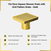 15x15cm Square Shower Drain with Grid Pattern Grate - Brushed Gold 304SS, CUPC Certified with Hair Strainer V63-955611