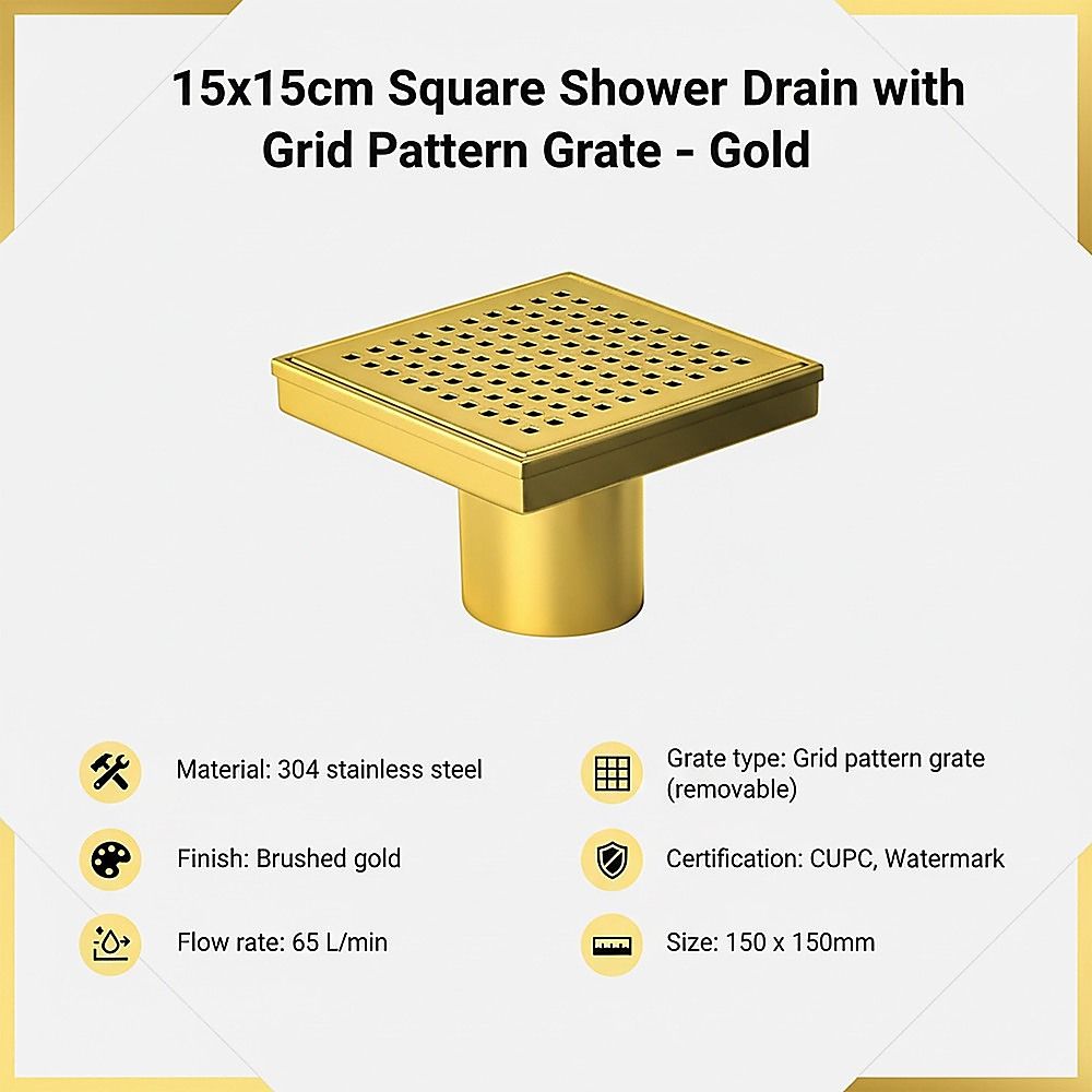 15x15cm Square Shower Drain with Grid Pattern Grate - Brushed Gold 304SS, CUPC Certified with Hair Strainer V63-955611