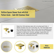 15x15cm Square Shower Drain with Grid Pattern Grate - Brushed Gold 304SS, CUPC Certified with Hair Strainer V63-955611
