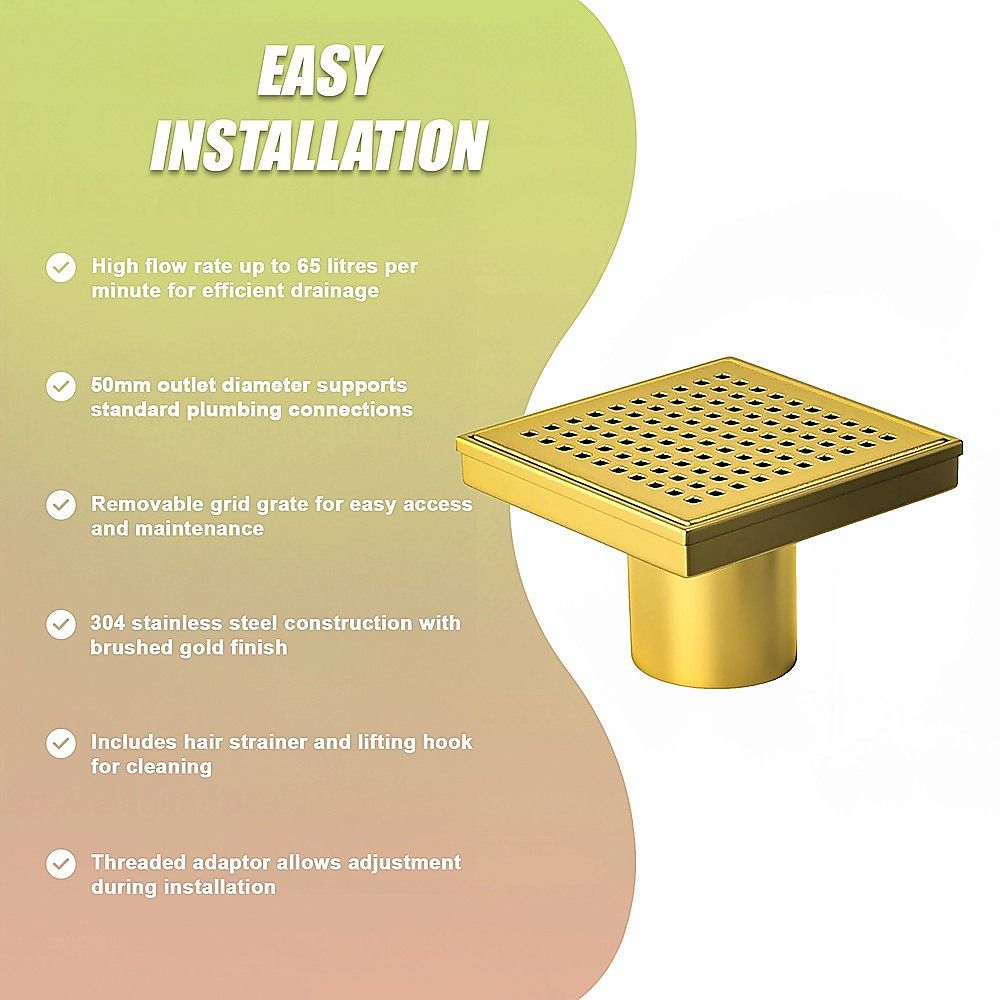 15x15cm Square Shower Drain with Grid Pattern Grate - Brushed Gold 304SS, CUPC Certified with Hair Strainer V63-955611