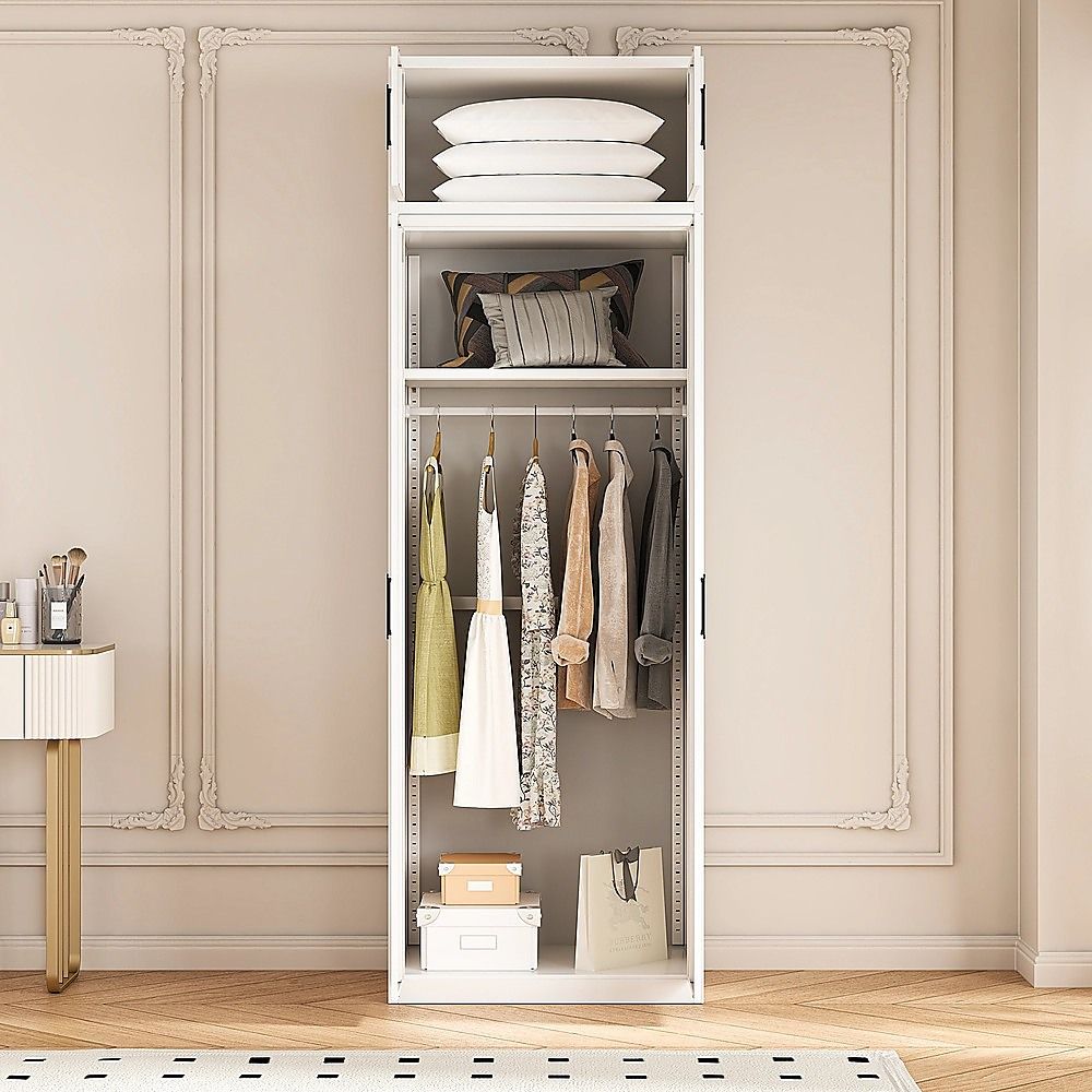 80x240cm 2-Door White Steel Hanging Wardrobe with Black Handle Storage Cabinet V63-956711