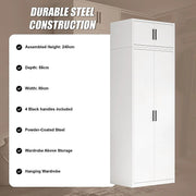 80x240cm 2-Door White Steel Hanging Wardrobe with Black Handle Storage Cabinet V63-956711