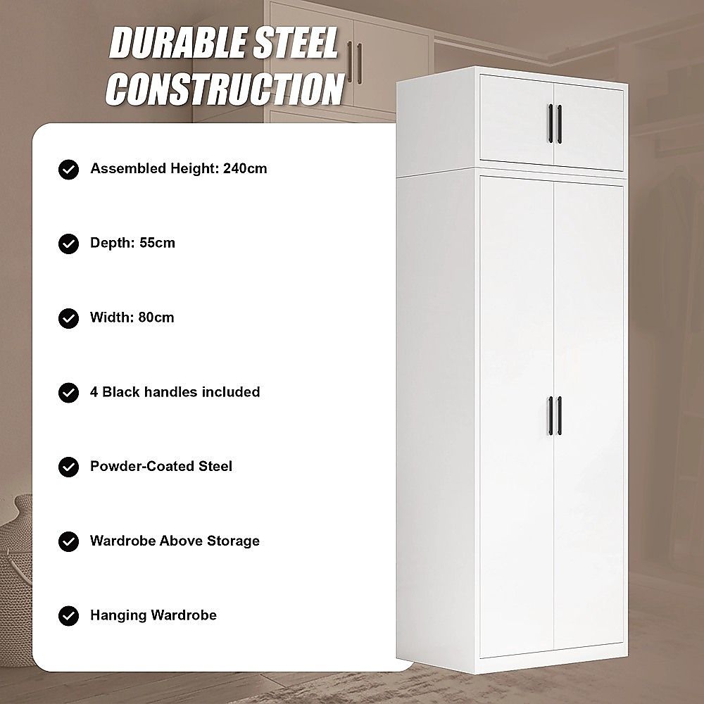 80x240cm 2-Door White Steel Hanging Wardrobe with Black Handle Storage Cabinet V63-956711