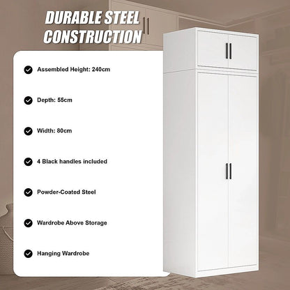80x240cm 2-Door White Steel Hanging Wardrobe with Black Handle Storage Cabinet V63-956711