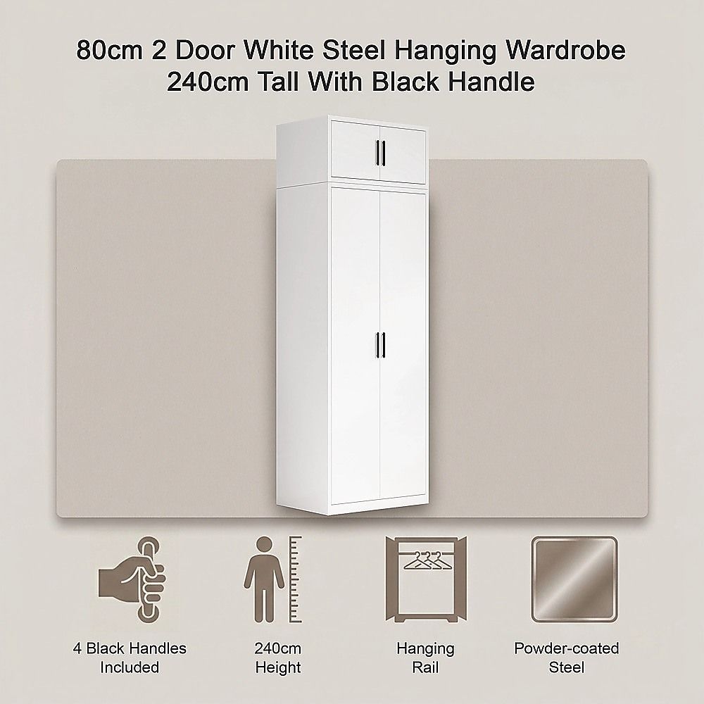 80x240cm 2-Door White Steel Hanging Wardrobe with Black Handle Storage Cabinet V63-956711