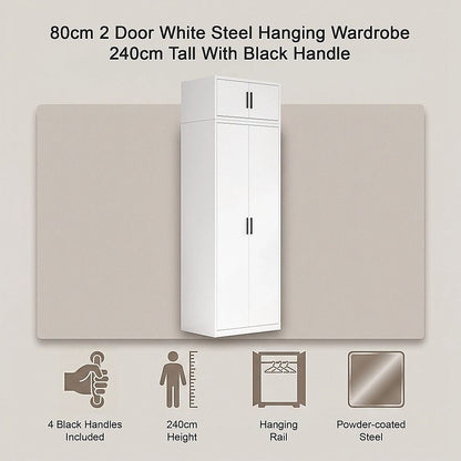 80x240cm 2-Door White Steel Hanging Wardrobe with Black Handle Storage Cabinet V63-956711