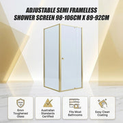 Adjustable Semi Frameless Shower Screen 98-106cm x 89-92cm With Gold Hardware For Modern Bathrooms