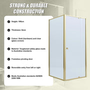 Adjustable Semi Frameless Shower Screen 98-106cm x 89-92cm With Gold Hardware For Modern Bathrooms