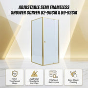 Adjustable Semi Frameless Shower Screen 82-90cm x 89-92cm With Gold Hardware For Modern Bathrooms