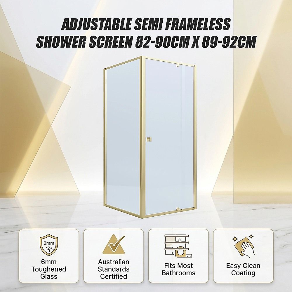Adjustable Semi Frameless Shower Screen 82-90cm x 89-92cm With Gold Hardware For Modern Bathrooms