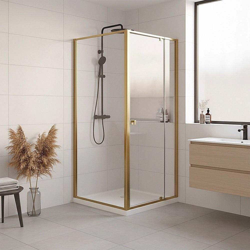 Adjustable Semi Frameless Shower Screen 82-90cm x 89-92cm With Gold Hardware For Modern Bathrooms