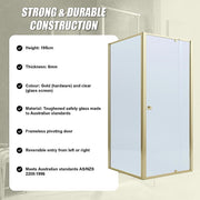 Adjustable Semi Frameless Shower Screen 82-90cm x 89-92cm With Gold Hardware For Modern Bathrooms