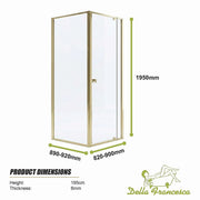 Adjustable Semi Frameless Shower Screen 82-90cm x 89-92cm With Gold Hardware For Modern Bathrooms