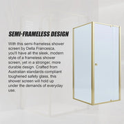 Adjustable Semi Frameless Shower Screen 74-82cm x 89-92cm With Gold Hardware For Modern Bathrooms