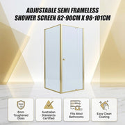 Adjustable Semi Frameless Shower Screen 82-90cm x 98-101cm With Gold Hardware For Modern Bathrooms
