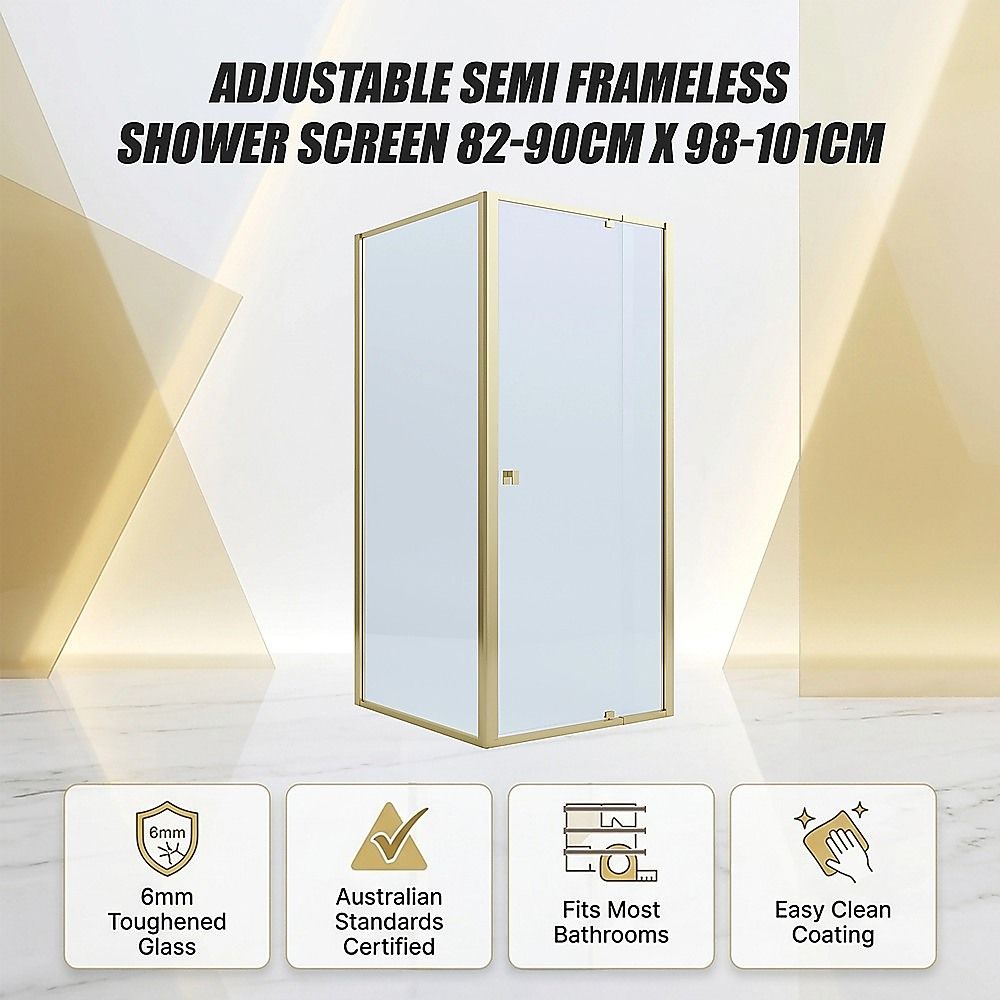 Adjustable Semi Frameless Shower Screen 82-90cm x 98-101cm With Gold Hardware For Modern Bathrooms