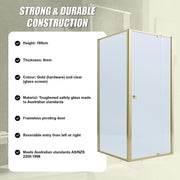 Adjustable Semi Frameless Shower Screen 82-90cm x 98-101cm With Gold Hardware For Modern Bathrooms
