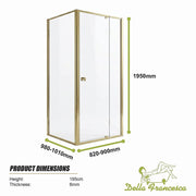 Adjustable Semi Frameless Shower Screen 82-90cm x 98-101cm With Gold Hardware For Modern Bathrooms