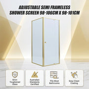 Adjustable Semi Frameless Shower Screen 98-106cm x 98-101cm With Gold Hardware For Modern Bathrooms