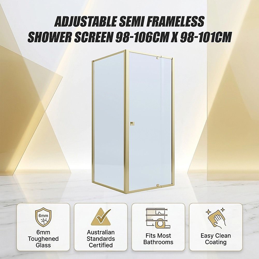 Adjustable Semi Frameless Shower Screen 98-106cm x 98-101cm With Gold Hardware For Modern Bathrooms