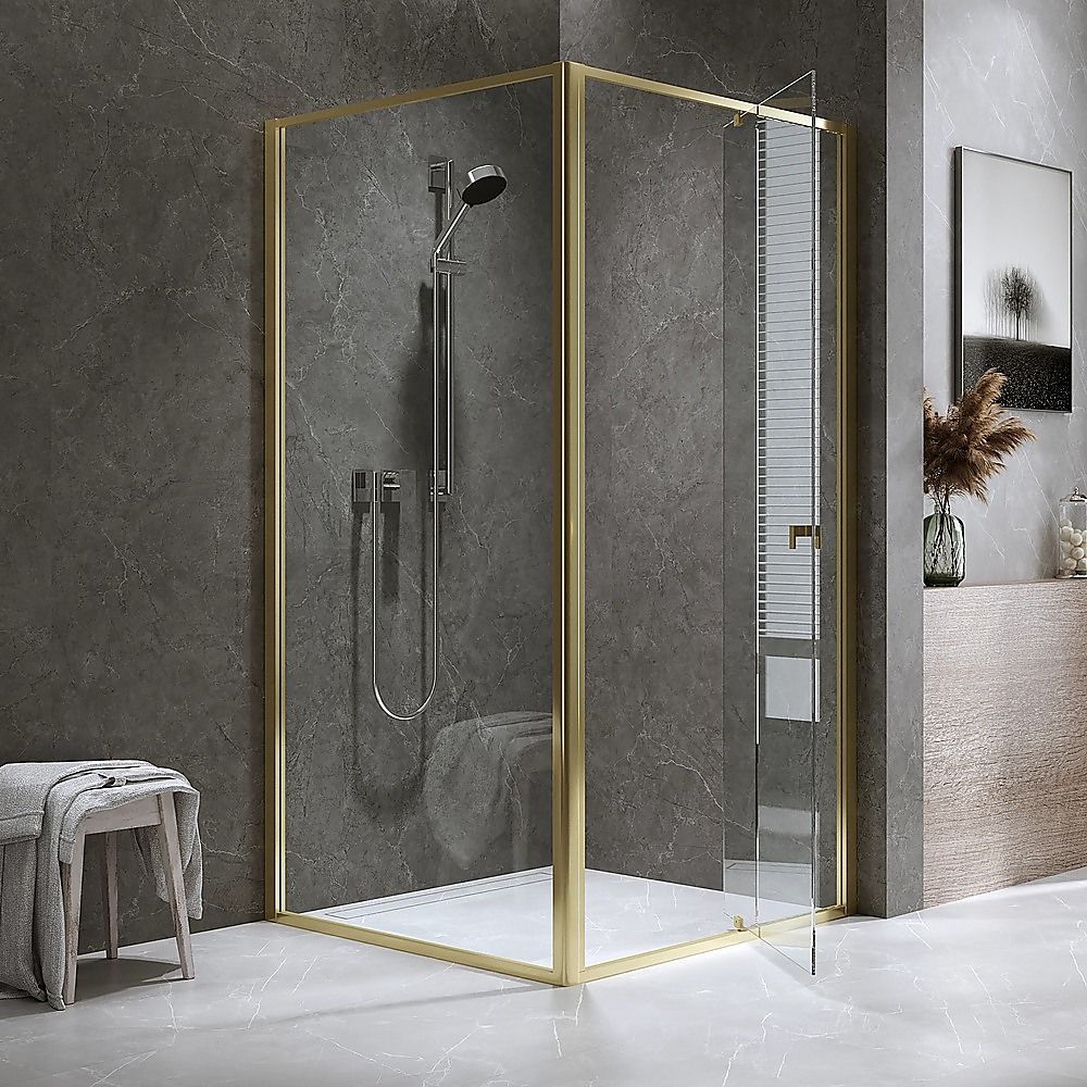 Adjustable Semi Frameless Shower Screen 98-106cm x 98-101cm With Gold Hardware For Modern Bathrooms