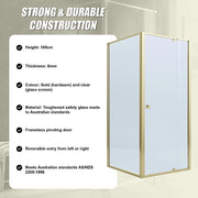 Adjustable Semi Frameless Shower Screen 98-106cm x 98-101cm With Gold Hardware For Modern Bathrooms
