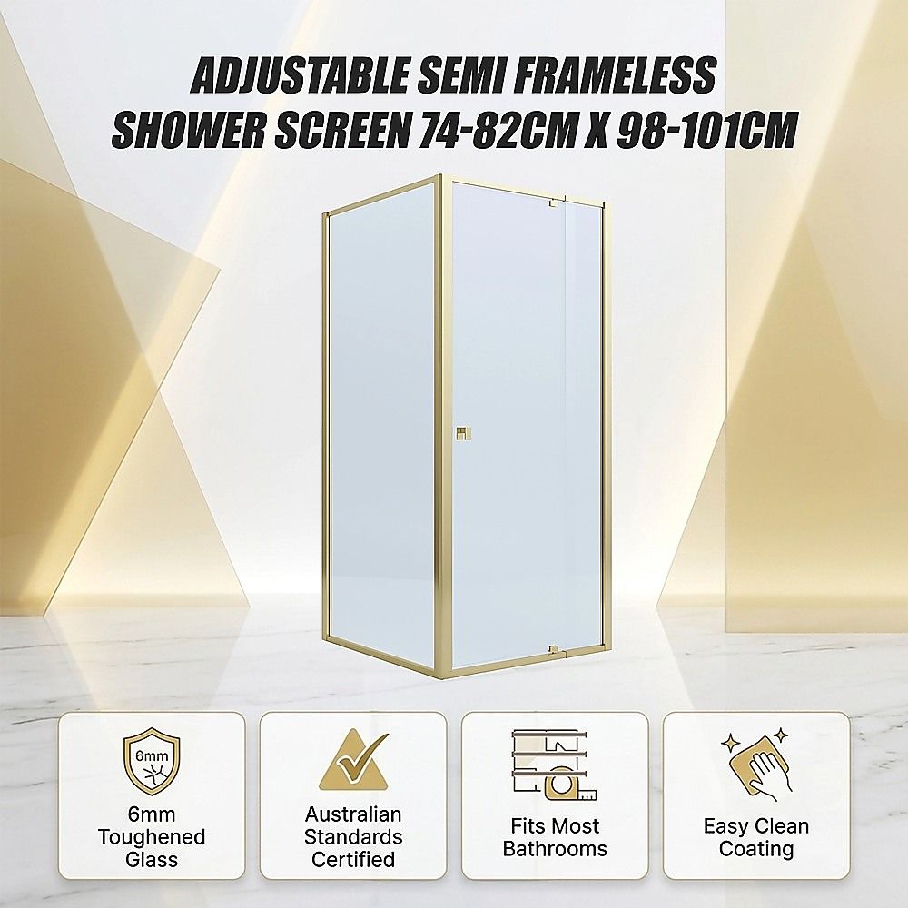 Adjustable Semi Frameless Shower Screen 74-82cm x 98-101cm With Gold Hardware For Modern Bathrooms