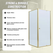 Adjustable Semi Frameless Shower Screen 74-82cm x 98-101cm With Gold Hardware For Modern Bathrooms