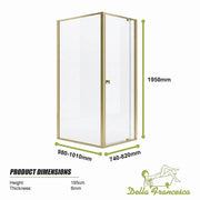 Adjustable Semi Frameless Shower Screen 74-82cm x 98-101cm With Gold Hardware For Modern Bathrooms